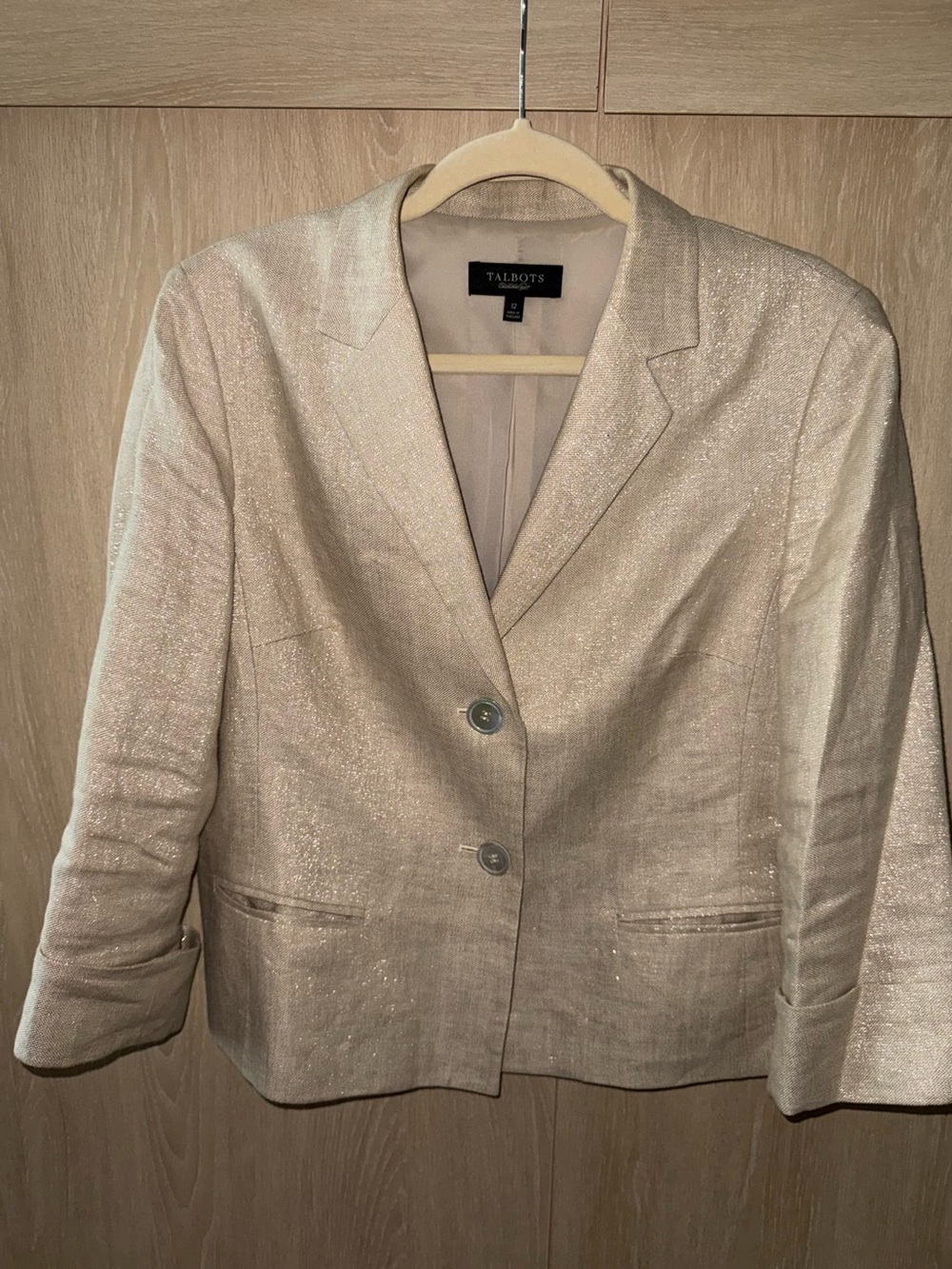Talbots Women’s Size 12 Metallic Linen Blazer Gold Champagne 3/4 Sleeve Career